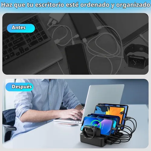 Vista 2 de Estación de Carga para Múltiples Dispositivos, CREATIVE DESIGN Estación de Carga USB 50W de 6 Puertos con Soporte para Apple Watch y 6 Cables