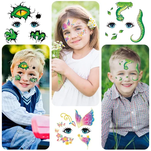 Vista 4 de EMOME Tatuajes faciales para niños, paquete de 24 hojas, tatuajes de pintura facial, maquillaje para niños y niñas, suministros de fiesta