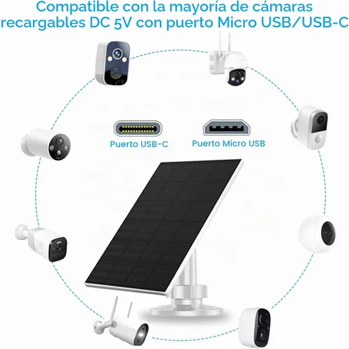 Vista 6 de Panel solar de 2 W para cámara de seguridad al aire libre, cargador USB/USB-C con IP65 impermeable, montaje ajustable de 360° y cable de 7.2 pies