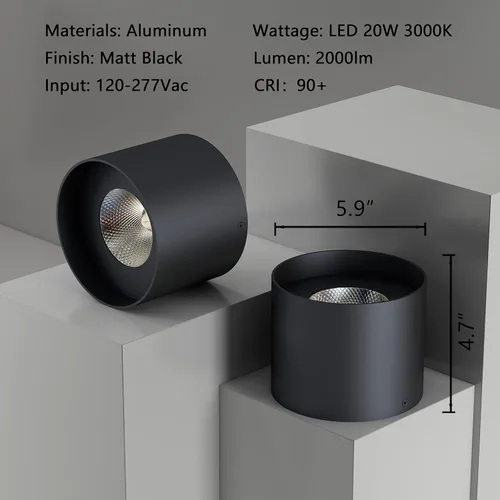 Vista 2 de Lámpara de techo de montaje empotrado, 20 W LED regulable 5.9 pulgadas, lámpara de techo cilíndrica de aluminio rústico negro para vestíbulo, Blanco