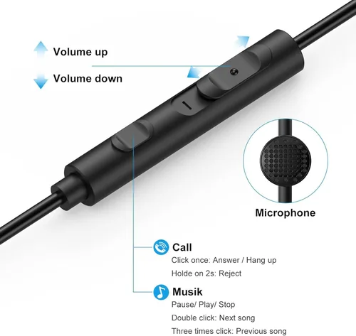 Vista 4 de 1Mii Auriculares con cable con micrófono y control de volumen, auriculares intrauditivos magnéticos con graves profundos, aislamiento de ruido