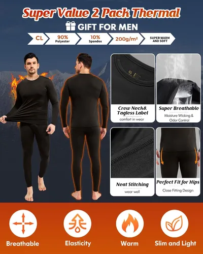 Vista 2 de CL convallaria Paquete de 2 ropa interior térmica para hombre, conjunto de capa base con forro polar, parte inferior de invierno, 2XS-6XL
