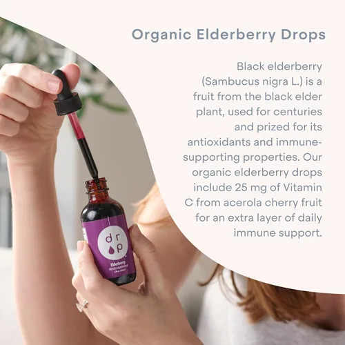 Vista 4 de Drop Saúco Gotas líquidas con vitamina C, 100 mg de saúco negro orgánico, apoyo inmunológico diario para niños y adultos, sabor natural a uva, sin