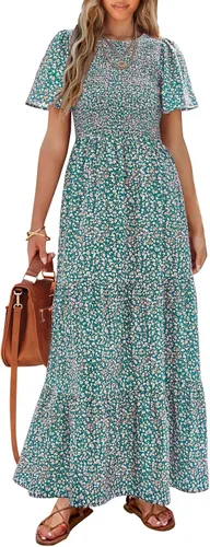 Vista 10 de PRETTYGARDEN - Vestido largo casual de verano para mujer, manga corta acampanada, bohemio, floral, cuello redondo, vestido blusón, escalonado