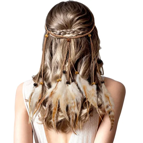 Vista 13 de XunYee - Diadema de plumas, mediana, estilo borla, color beige