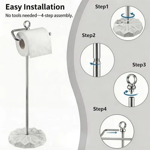 Vista 3 de ROLABAM Moderno soporte de papel higiénico independiente con base ponderada con patrón de mármol blanco, soporte de papel de metal a prueba de óxido