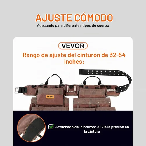 Vista 3 de VEVOR Cinturón de herramientas, 19 bolsillos, se ajusta de 32 a 54 pulgadas, bolsa de herramientas de poliéster resistente, bolsa de herramientas