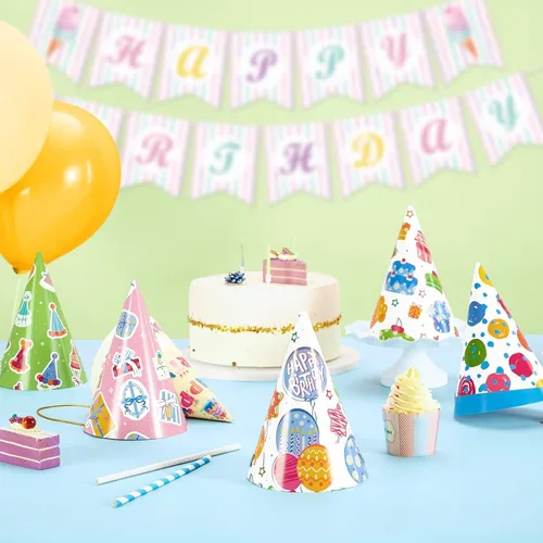 Vista 6 de WERNNSAI 12 Pcs Birthday Party Hats Assorted Themes Cone Paper Headbands Multiple Styles, Easy to Assemble with Elastic Strings, Kids Birthday