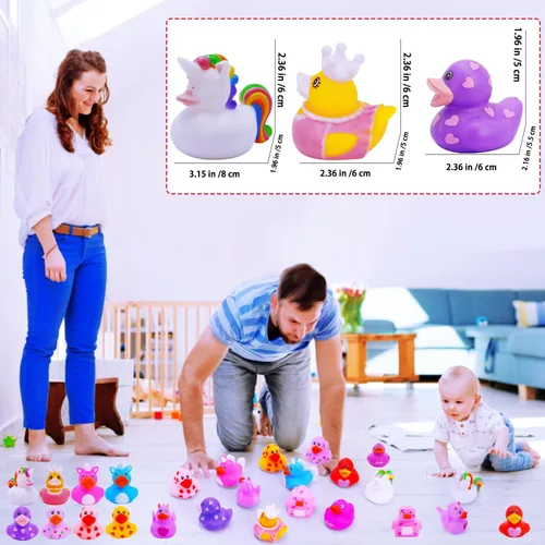 Vista 6 de Patos de goma para niñas, paquete de 12 patos de goma rosa a granel, patos para patos de unicornio, juguetes de baño para bebés, regalos de fiesta