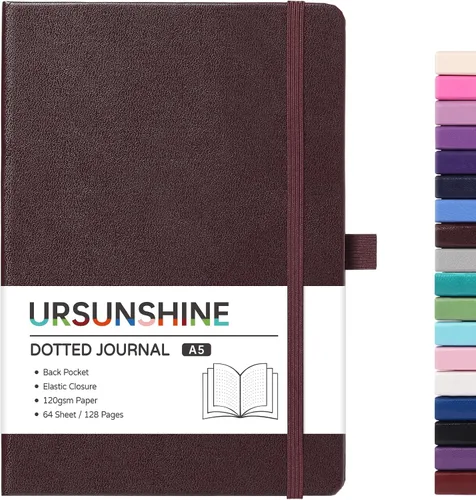 Vista 21 de Cuaderno punteado, diario, 5.3 x 8.26 pulgadas, tapa dura, prémium, papel grueso, doble espiral, bandas, cuero negro sintético, lazo para bolígrafo