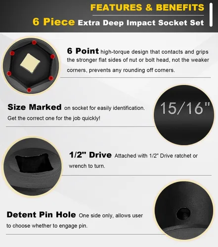 Vista 4 de Juego de dados de impacto de longitud extendida de 1/2 pulgada, juego de 6 piezas de llaves de impacto extra profundas, tamaño hexagonal de 3/4
