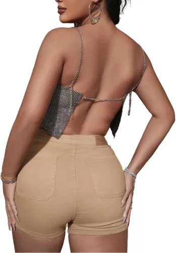 Vista 4 de Camiseta corta de lentejuelas de metal brillante para mujer, sexy, sin espalda, sin espalda, para fiesta, clubwear
