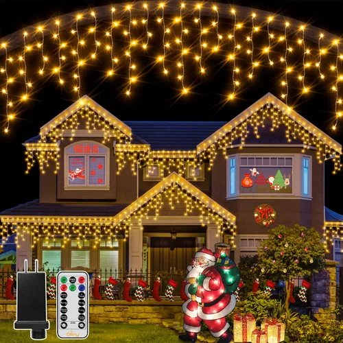 Vista 10 de Ollny Luces de Carámbano para Exteriores Blanco Frío, 600LED 49FT Luces de Navidad con Control Remoto 8 Modos Regulables, Impermeable Conectable