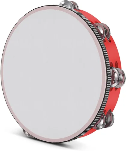 Vista 16 de Flexzion Pandereta de madera de mano para adultos de 6 pulgadas, doble fila de 8 pares de jingles (rojo) - Instrumento musical de pandereta redonda