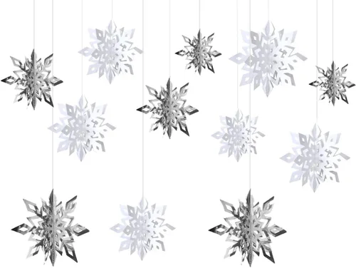 Vista 3 de Juego de 24 decoraciones colgantes de copo de nieve de Navidad de invierno, juego 3D, adornos brillantes para árbol, vacaciones, Año Nuevo, fiesta
