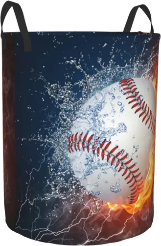Vista 8 de Balón de béisbol deportivo en fuego y agua, cesta redonda para lavandería, cesta de almacenamiento, juguetes, organizador de ropa, contenedor