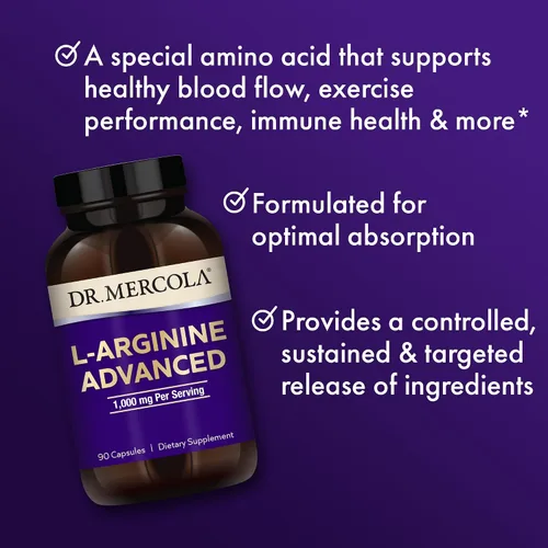 Vista 3 de Dr. Mercola L-Arginina Advanced, 30 porciones (90 cápsulas), 1,000 mg por porción, suplemento dietético, apoya la producción de energía, sin OMG