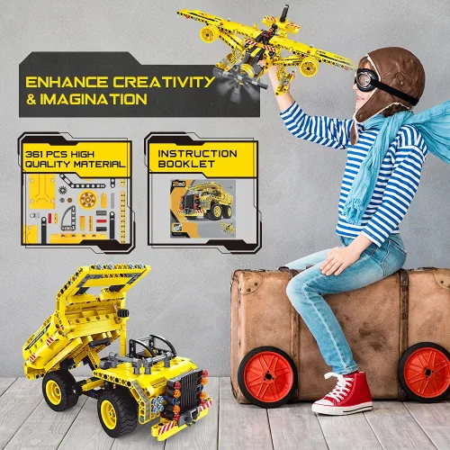 Vista 2 de STEM / Juguete de construcción para niños de 5, 6, 7, 8, 9, 10, 11, 12 años de edad, niño, niña - Juguete 2 en 1 de Camión y Avión Desmontable, 361