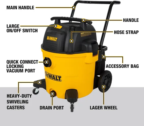 Vista 8 de DEWALT DXV14P Aspiradora para tienda en húmedo y seco de 14 galones, aspiradora en húmedo y seco de 6 HP con 110 CFM de potente succión, amarilla