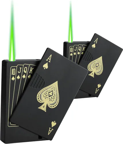 Vista 7 de Encendedor de antorcha de chorro, Ace Card Green Flame Lighter, diseño de póker de metal, resistente al viento, recargable, butano, encendedor