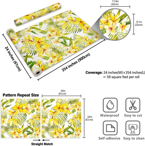 Vista 2 de CRE8TIVE Papel tapiz floral amarillo de tamaño grande de 24 x 354 pulgadas, papel tapiz de hojas florales para despegar y pegar, papel de contacto