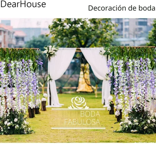 Vista 4 de Guirnalda de flores tipo glicinias artificiales de seda para colgar en el hogar, fiestas o bodas Morado claro