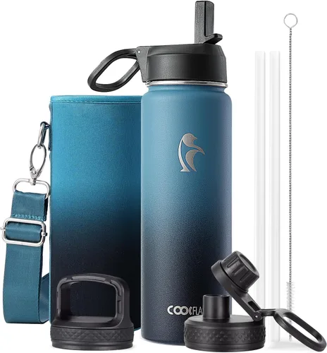 Vista 104 de Coolflask Botella de agua de 20 onzas aislada con pajilla, 3 tapas de metal de acero inoxidable, botella de agua de boca ancha para deportes u