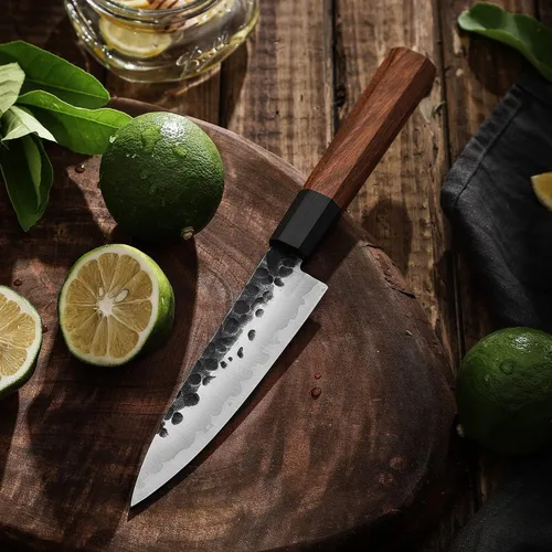 Vista 7 de Sunnecko Cuchillo de cocina afilado, cuchillo de pelar de 5.5 pulgadas de acero de carbono para frutas, cuchillo de 3 capas 9CR18MOV, mango