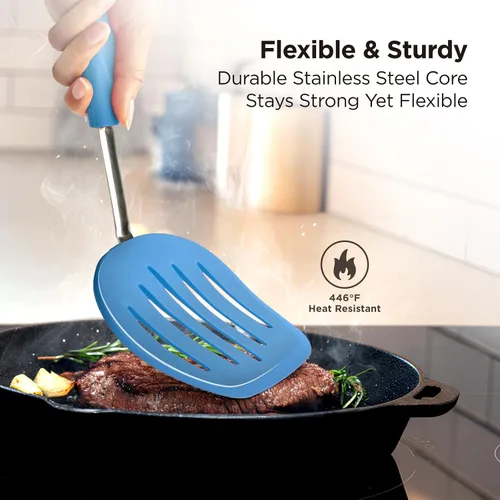 Vista 4 de Kitchen Mama WaltzGrip Platinum Espátula de Silicona para Tortitas y Volteador: Resistente al Calor, Flexible, Núcleo de Acero Inoxidable