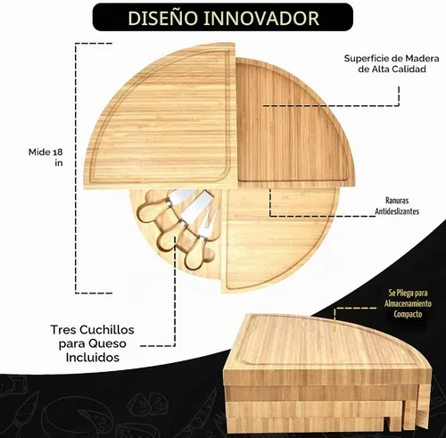 Vista 3 de Perlli Juego de tabla y cuchillos de bambú para queso, grande, plegable, de 18 pulgadas, redondo, de madera, giratoria, charcutería, plato
