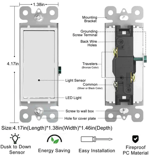 Vista 6 de Paquete de 4 interruptores de luz SOZULAMP de 3 vías con luz nocturna LED de 15 amperios, 120/277 voltios, interruptor de pared de tres vías, sensor