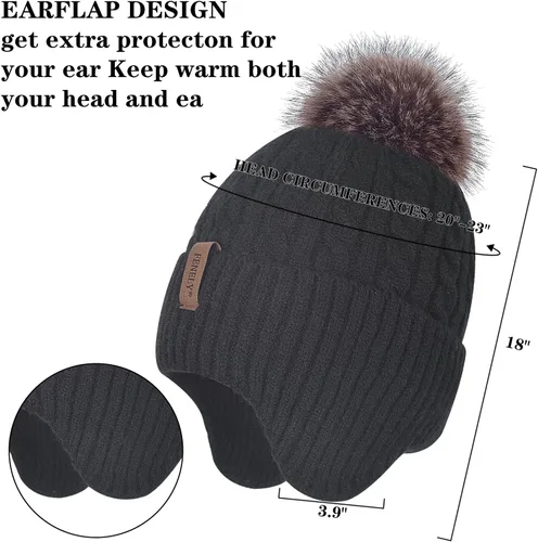Vista 4 de Gorro de punto con pompón para mujer, gorro de invierno cálido con forro polar para mujer