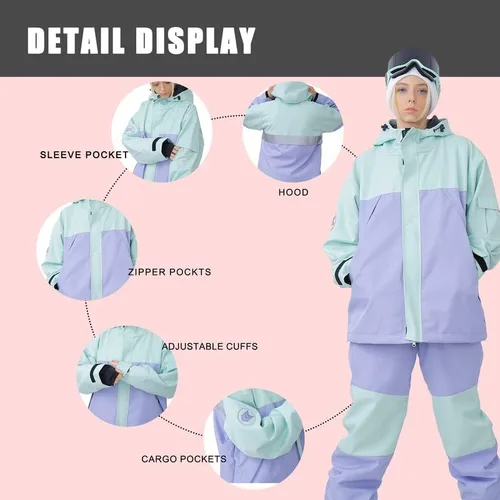 Vista 3 de SNOWVERB Impermeable para hombre y mujer, resistente al viento, con capucha, aislante, unisex, para esquí, snowboard