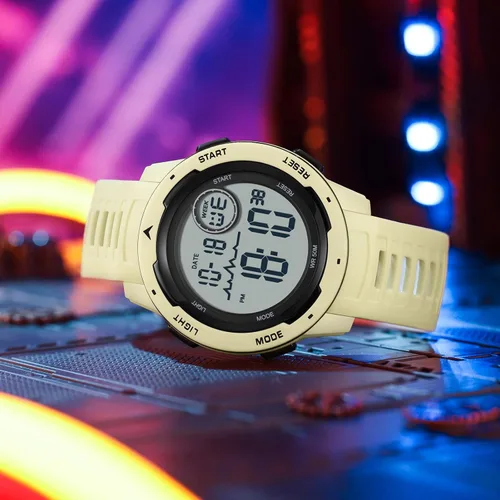 Vista 2 de Reloj deportivo digital rojo para hombre, reloj para hombre, táctico, militar, 5ATM, resistente al agua, para hombre, con luz LED, alarma, fecha