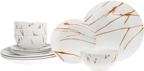 Vista 2 de Godinger Juego de vajilla, platos llanos, platos para ensaladas y apeptizadores, cuencos de sopa, juego de vajilla de porcelana, Boulon Gold, juego
