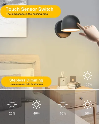 Vista 2 de Kawell Apliques de pared LED sensibles al tacto, atenuación continua, lámpara de pared LED de rotación de 350°, lámpara de pared LED de lectura