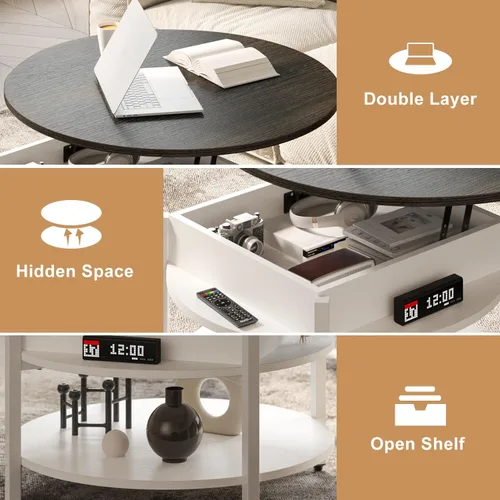 Vista 5 de FABATO Mesa de Centro Redonda con Tapa Elevable con Almacenamiento y Compartimento Oculto, 26.77'' Mesa de Centro Estilo Granja para Sala de Estar