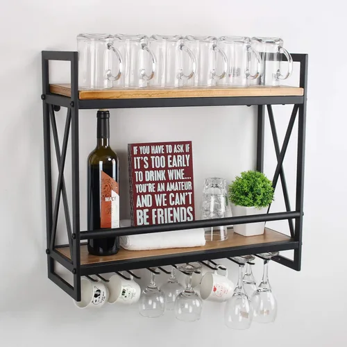 Vista 3 de MBQQ Estantes de vino rústicos montados en la pared con soporte para vidrio de 6 vástagos, estante de vino industrial de metal de 23.6 pulgadas