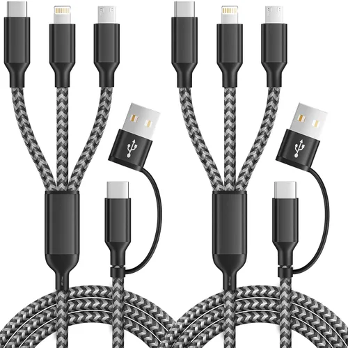 Vista 17 de Cable de carga múltiple, doble tipo C, cable de carga múltiple de nailon trenzado 4 en 1, cable de carga multi USB con puertos IP/tipo C/micro USB