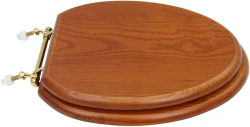 Vista 2 de Renovators Supply Manufacturing Asiento de retrete alargado de madera de caoba ligera con las bisagras de cobre amarillo de PVD y el parachoques