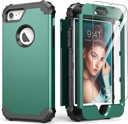 Vista 19 de IDweel Funda para iPhone 8 con Protector de Pantalla de Vidrio Templado, para iPhone 7, 3 en 1, Resistente a Golpes, Delgada, Híbrida, de Servicio