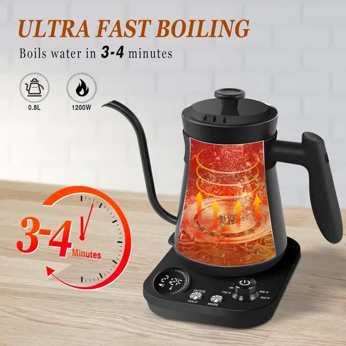 Vista 3 de Secura Hervidor eléctrico de cuello de cisne, 5 ajustes preestablecidos variables para café y té, tetera interior de acero 100% inoxidable con 1.5