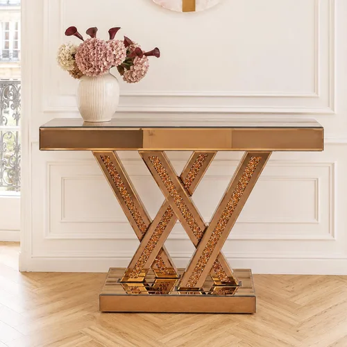 Vista 8 de SSLine Mesa de consola negra con espejo para sala de estar, mesa de entrada moderna de espejo de 43 pulgadas con base de cristal en forma de O