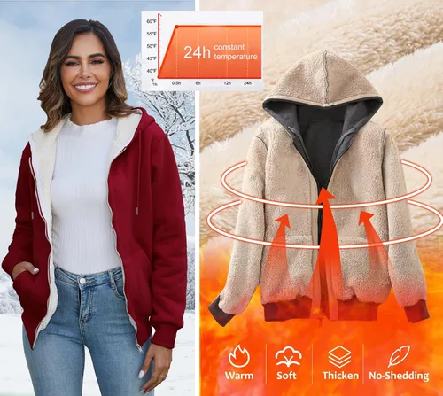 Vista 2 de Flygo Sudaderas con capucha de invierno para mujer, con cremallera, forro polar y forro de sherpa