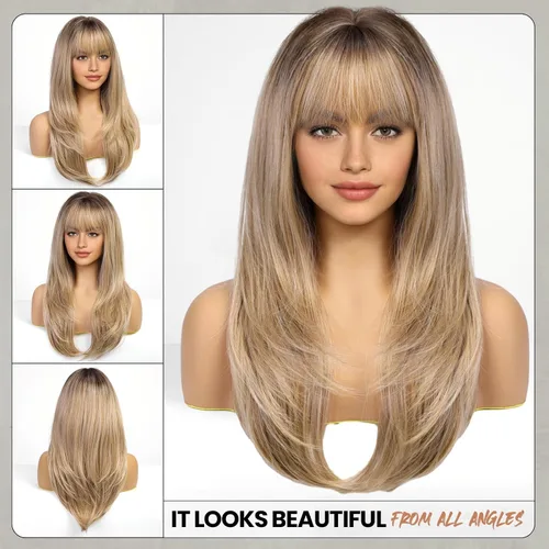 Vista 2 de EMMOR Peluca rubia con flequillo para mujer, pelucas largas y lacias, peinado sintético en capas para niñas, fiesta, cosplay y uso diario