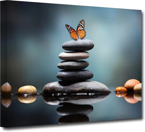 Vista 9 de CXHOSTENT Cuadro zen para decoración de baño, impresiones en lienzo con flores blancas y mariposas sobre piedra, arte de pared para baño, yoga, spa