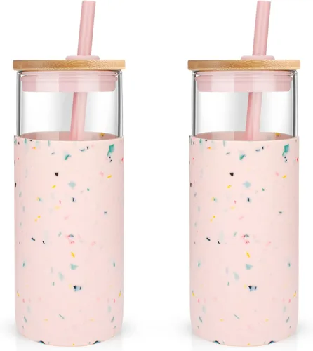 Vista 27 de Tronco Vaso de vidrio de 20 onzas con tapa y popote, taza de café helado y vaso para batido con tapas de bambú y funda protectora de silicona, apto