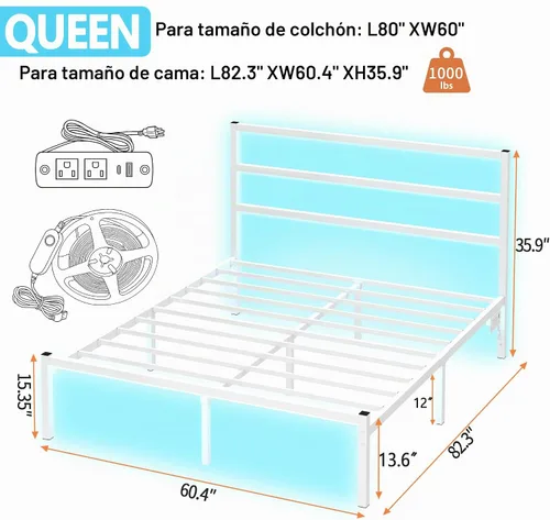 Vista 2 de CLIBFENG - Base de cama tamaño Queen con cabecera, listones de acero resistentes - Base de cama LED con estación de carga USB, base de colchón