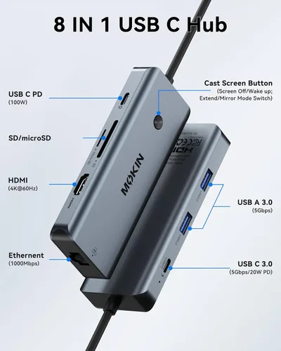 Vista 2 de Hub USB C para MacBook Pro/Air, Mac Dongle con 3 puertos USB, USB C a HDMI, USB C a RJ45 Ethernet, MOKiN 8 en 1 USB C a HDMI, carga PD de 100 W