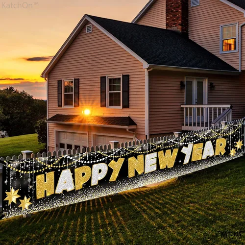 Vista 4 de KatchOn, XtraLarge Pancarta de Feliz Año Nuevo 2026-120X20 Pulgadas Letrero de Jardín de Año Nuevo para Decoraciones de Nochevieja 2026 Pancarta
